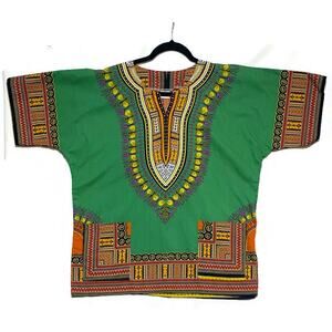 Big Mama Dashiki African Style Pullover Top Women's Medium Green & Orange